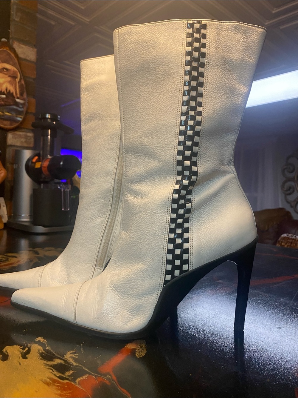 Vintage Sybilla Mid-Calf Pointed Toe Stiletto Boots in white with Checkered Trim